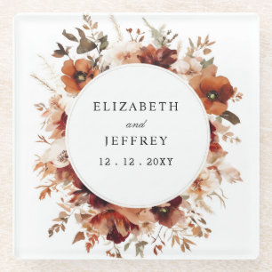Burnt Orange Burgundy Fall Floral Wedding Glass Coaster