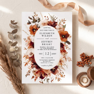 Burnt Orange Burgundy Fall Floral Wedding Invitation