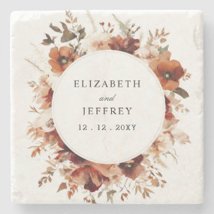 Burnt Orange Burgundy Fall Floral Wedding Stone Coaster
