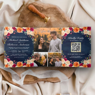 Burnt Orange Burgundy Floral Navy QR Code Wedding Tri-Fold Invitation