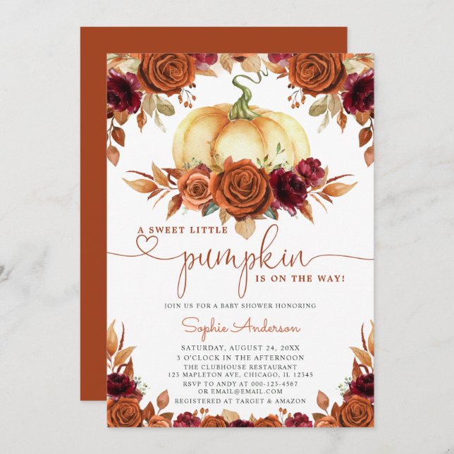 Burnt Orange Burgundy Floral Pumpkin Baby Shower Invitation (Front/Back)