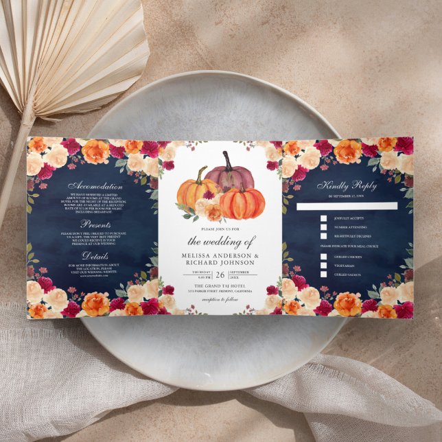 Burnt Orange Burgundy Floral Pumpkin Navy Wedding Tri-Fold Invitation (Creator Uploaded)