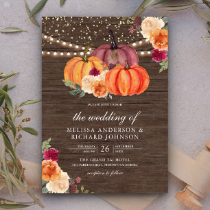 Burnt Orange Burgundy Floral Pumpkin Wood Wedding Invitation