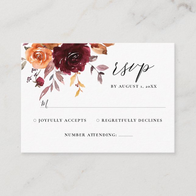 Burnt Orange Burgundy Floral Rust Wedding RSVP Enc Enclosure Card (Front)