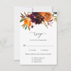 Burnt Orange Burgundy Floral Rustic Meal Wedding RSVP Card