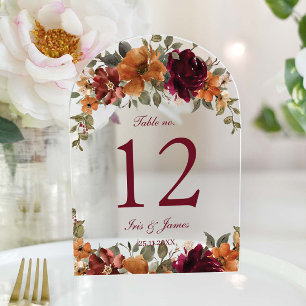 Burnt Orange Burgundy Floral Wedding Table Number