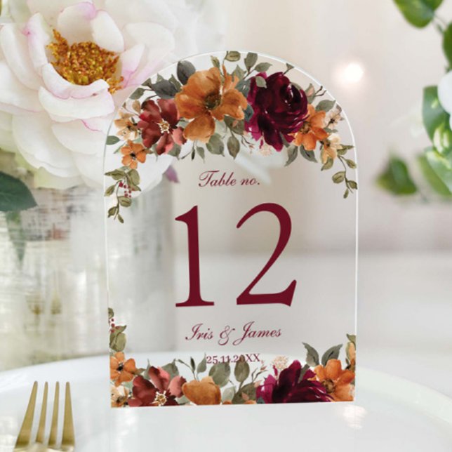 Burnt Orange Burgundy Floral Wedding Table Number (Creator Uploaded)