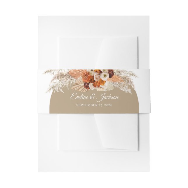 Burnt orange burgundy flowers roses terracotta invitation belly band (Front Example)