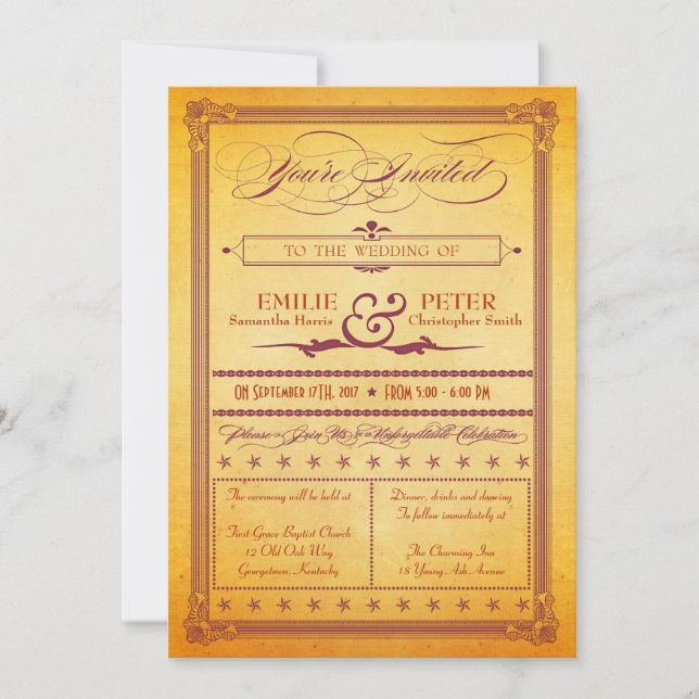 Burnt Orange Burgundy Poster Style Wedding Invite (Front)