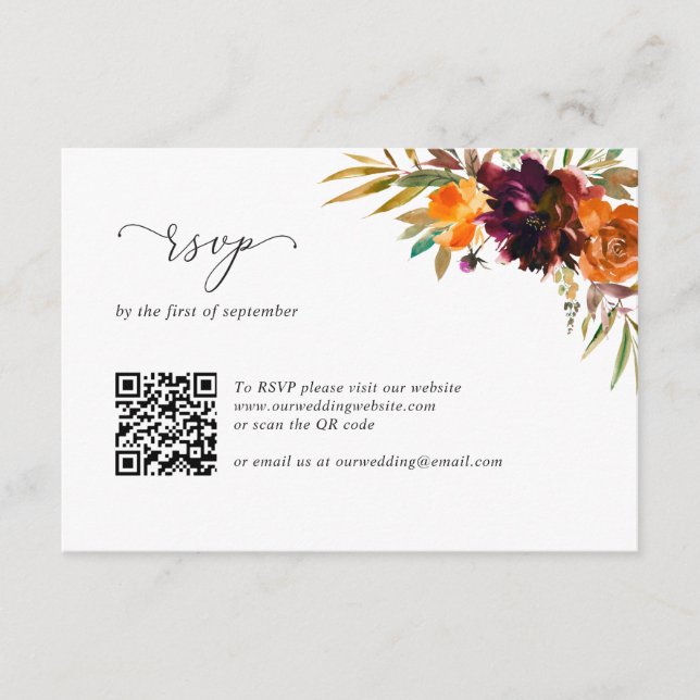Burnt Orange Burgundy Rustic QR Code Wedding RSVP Card (Front)