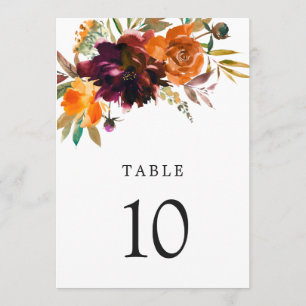 Burnt Orange Burgundy Rustic Wedding Table Number