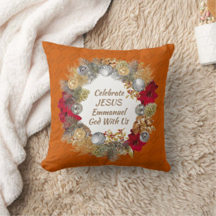Burnt Orange CELEBRATE JESUS Christmas Wreath Cushion