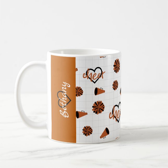 Burnt Orange Cheer Hearts, Pom Poms, Megaphone Coffee Mug (Left)