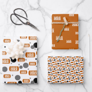Burnt Orange "Class Of" Dog Tag and Dots Pattern Wrapping Paper Sheet