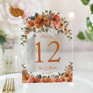 Burnt Orange Copper Floral Wedding Table Number