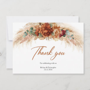 Burnt orange copper flowers pampas grass dried fan thank you card