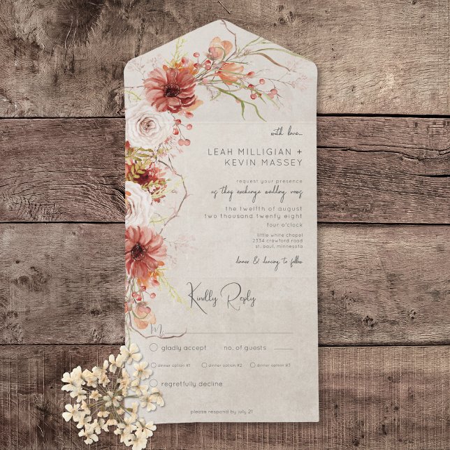 Burnt Orange & Cream Boho Floral Dinner All In One Invitation (Burnt Orange & Cream Boho Floral All in One Wedding Invitation with Dinner Options)