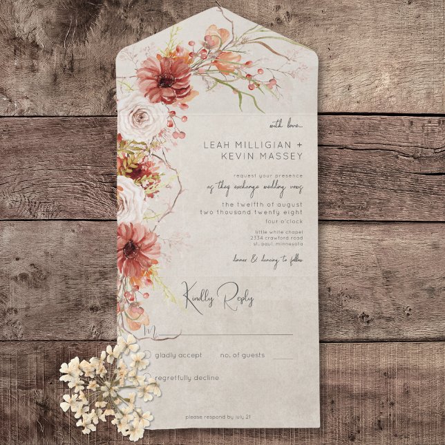 Burnt Orange & Cream Boho Floral No Dinner All In One Invitation (Burnt Orange & Cream Boho Floral All In One Wedding Invitation without dinner options)