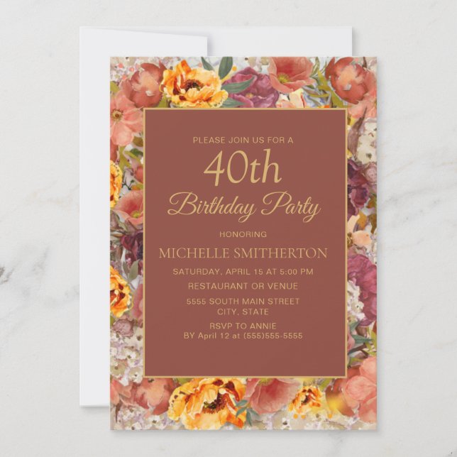 Burnt Orange Cream Rust Floral 40th Birthday Invitation (Front)