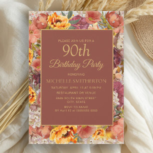 Burnt Orange Cream Rust Floral 90th Birthday Invitation