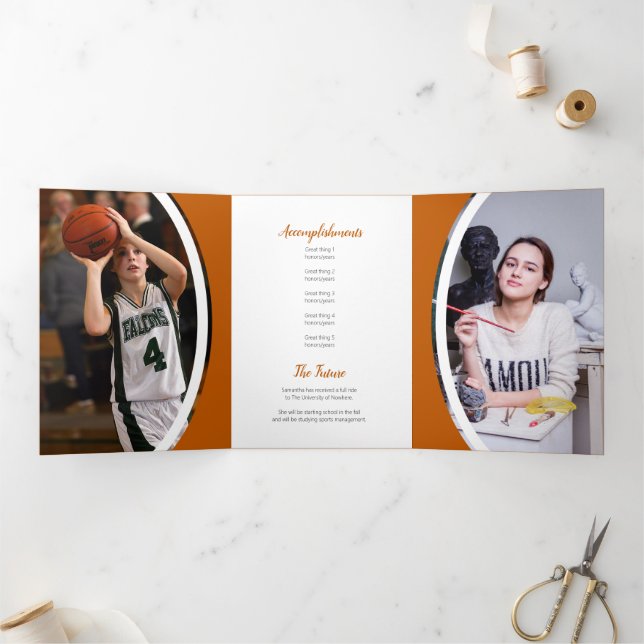 Burnt Orange Curved Frame Three Photo Graduation Tri-Fold Invitation (Inside)