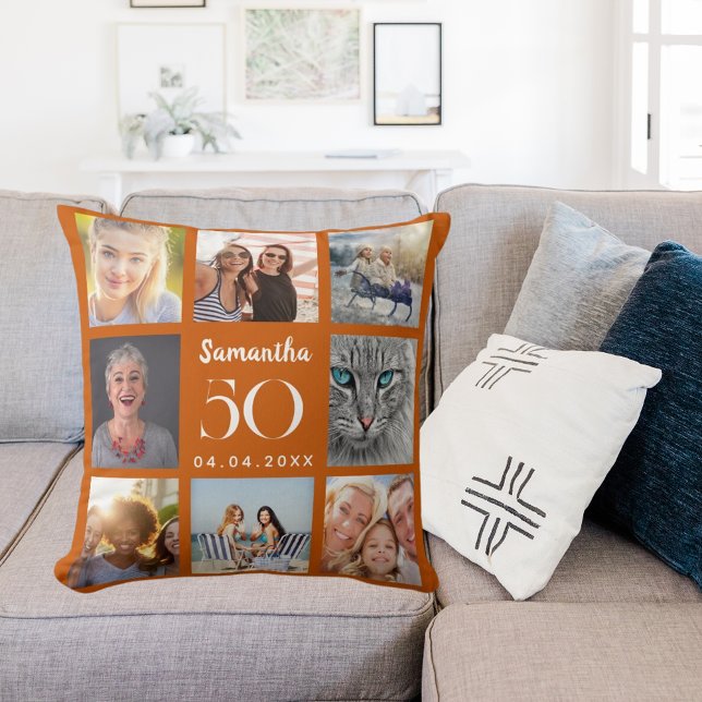 Burnt orange custom photo collage birthday cushion (Creator Uploaded)