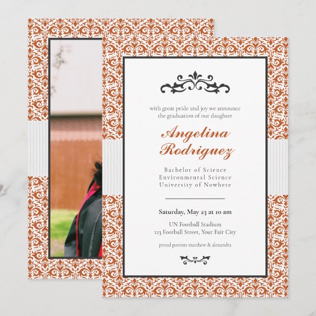 Burnt Orange Damask Pattern Photo Graduation Invitation (Front/Back)