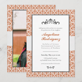 Burnt Orange Damask Pattern Photo Graduation Invitation
