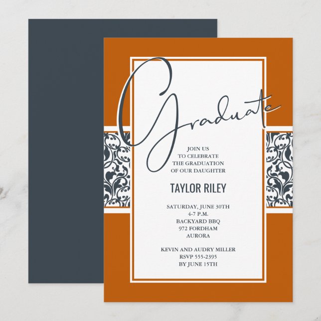 Burnt Orange Dark Grey Damask Graduation Invitation (Front/Back)
