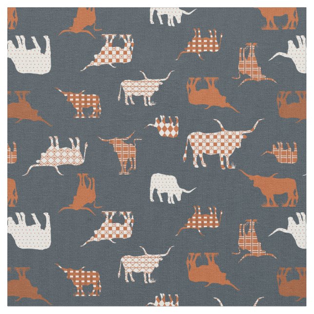 Burnt Orange & Dark Grey Patterned Longhorns Fabric (Close Up)