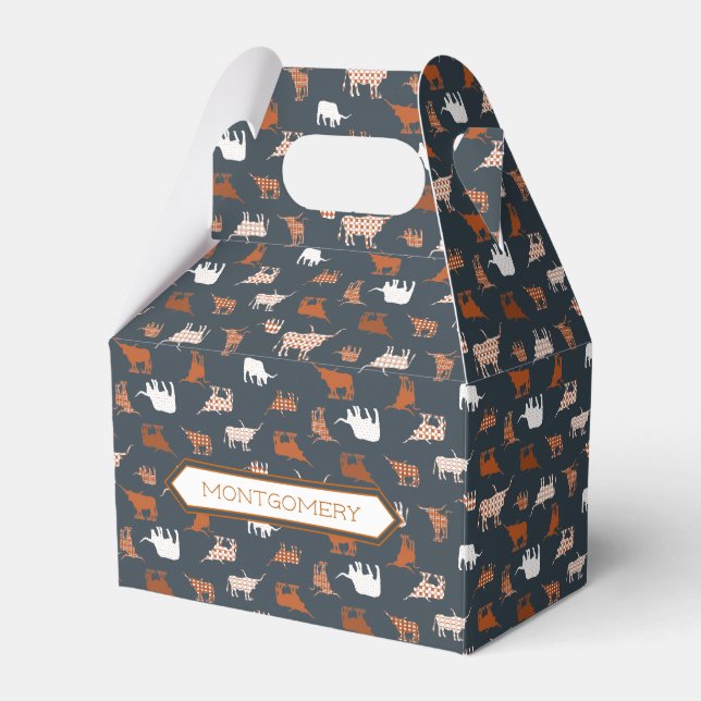 Burnt Orange & Dark Grey Patterned Longhorns Favour Box (Front Side)