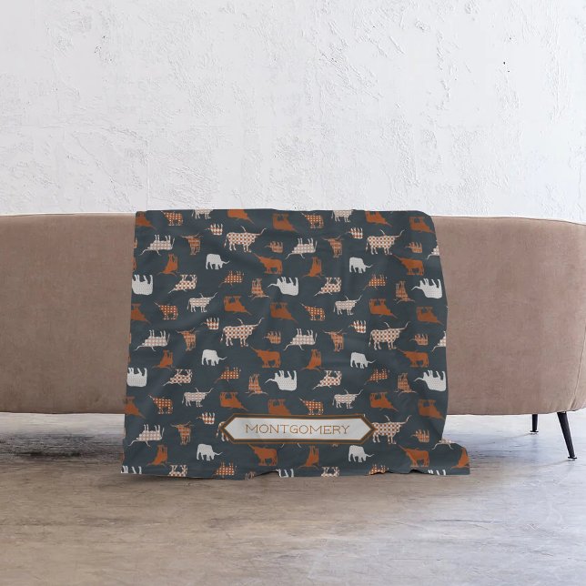 Burnt Orange & Dark Grey Patterned Longhorns Fleece Blanket (Creator Uploaded)