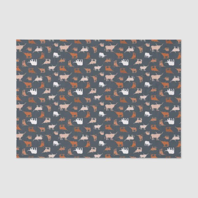 Burnt Orange & Dark Grey Patterned Longhorns Tissue Paper (Front)