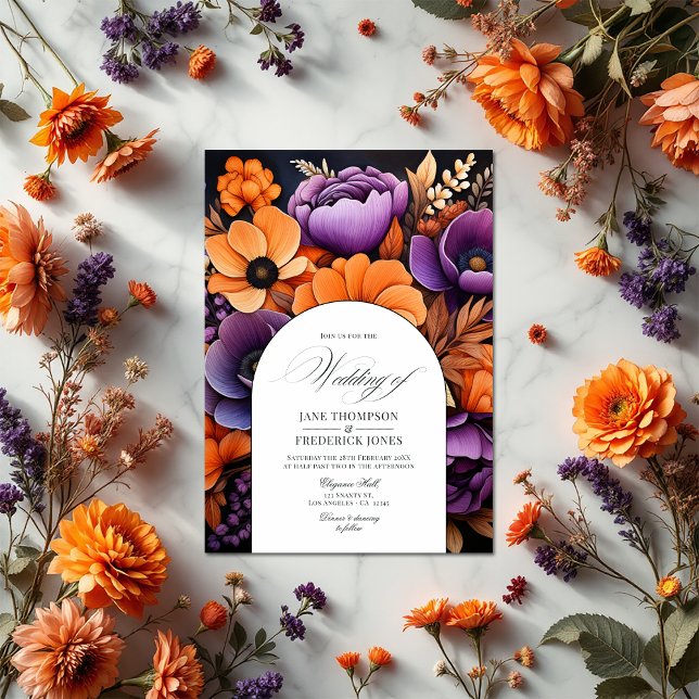 Burnt Orange, Dark Purple and Black Floral Wedding Invitation (Burnt Orange, Dark Purple and Black Floral Wedding Invitation)