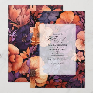 Burnt Orange, Dark Purple and Black Floral Wedding Invitation