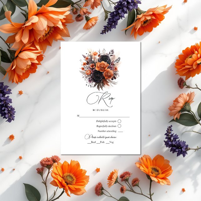 Burnt Orange, Dark Purple and Black Floral Wedding RSVP Card (Burnt Orange, Dark Purple and Black Floral Wedding RSVP Card)