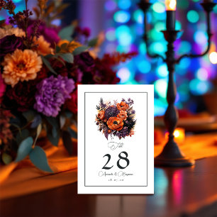 Burnt Orange, Dark Purple & Black Floral Wedding Table Number