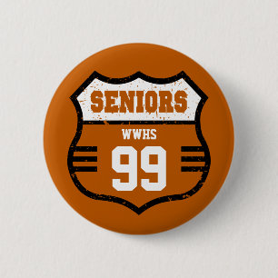 Burnt Orange Distressed Seniors Road Sign 6 Cm Round Badge