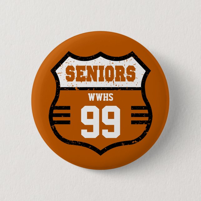 Burnt Orange Distressed Seniors Road Sign 6 Cm Round Badge (Front)