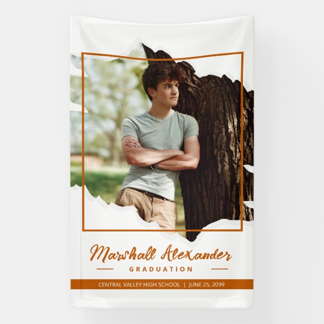 Burnt Orange Edgy Abstract Torn Photo Graduation Banner (Vertical)
