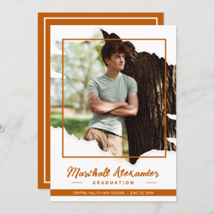 Burnt Orange Edgy Abstract Torn Photo Graduation Invitation