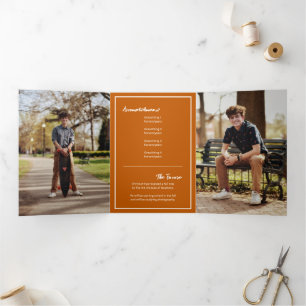 Burnt Orange Edgy Abstract Torn Photo Graduation Tri-Fold Invitation