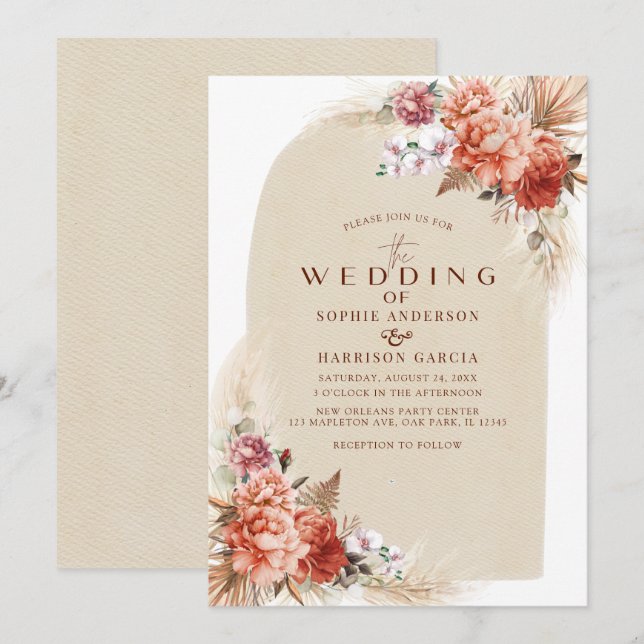 Burnt Orange Elegant And Pampas Grass Wedding Invitation (Front/Back)