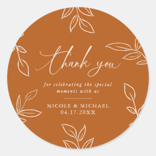 Burnt Orange Elegant Leaves Wedding Thank You Classic Round Sticker