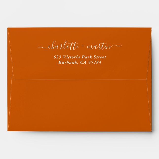 Burnt Orange Elegant Script Return Address Wedding Envelope (Back (Top Flap))