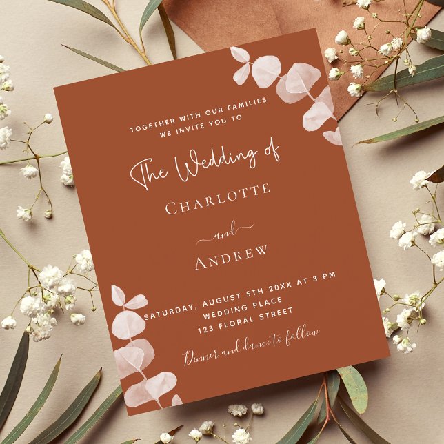 Burnt orange eucalyptus budget wedding invitation (Creator Uploaded)