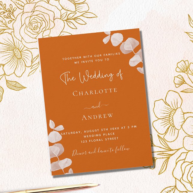 Burnt orange eucalyptus wedding invitation postcard (Creator Uploaded)