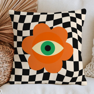 Burnt Orange Evil Eye Daisy on Chequered Pattern Cushion