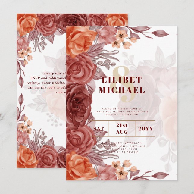 Burnt Orange FALL Floral Botanical WEDDING Invitation (Front/Back)