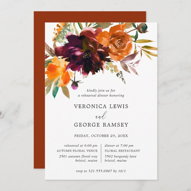 Burnt Orange Fall Floral Rustic Rehearsal Dinner Invitation (Front/Back)
